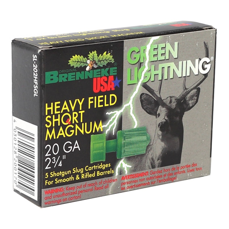 Brenneke Green Lightning 20GA AMMO 2.75in Slug 1oz 1392FPS 5rd Box — product photograph