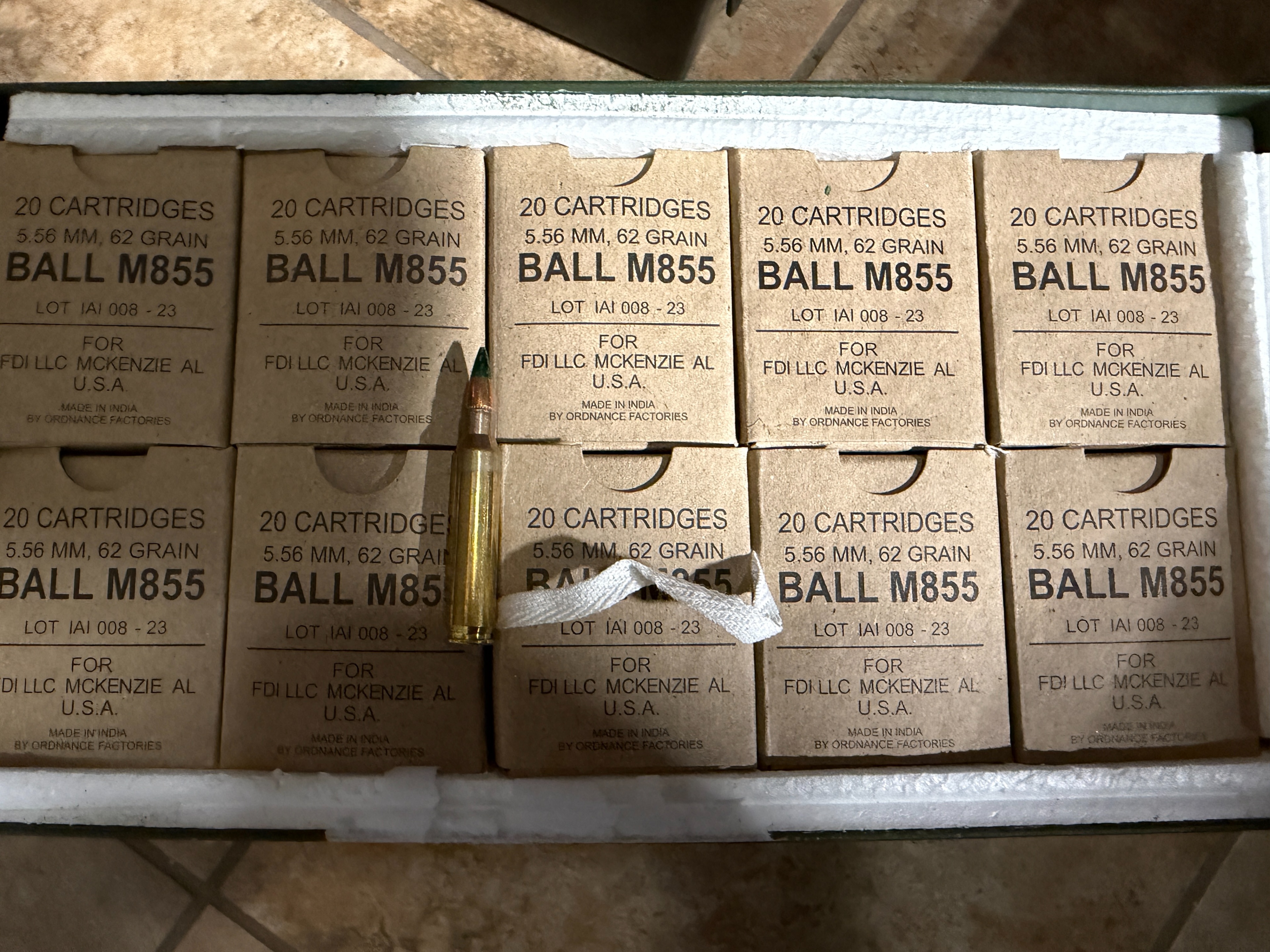 FDI 5.56X45MM AMMO (M855) GREENTIP 62GR STEEL CORE BRASS CASED 20RD BOX — product photograph