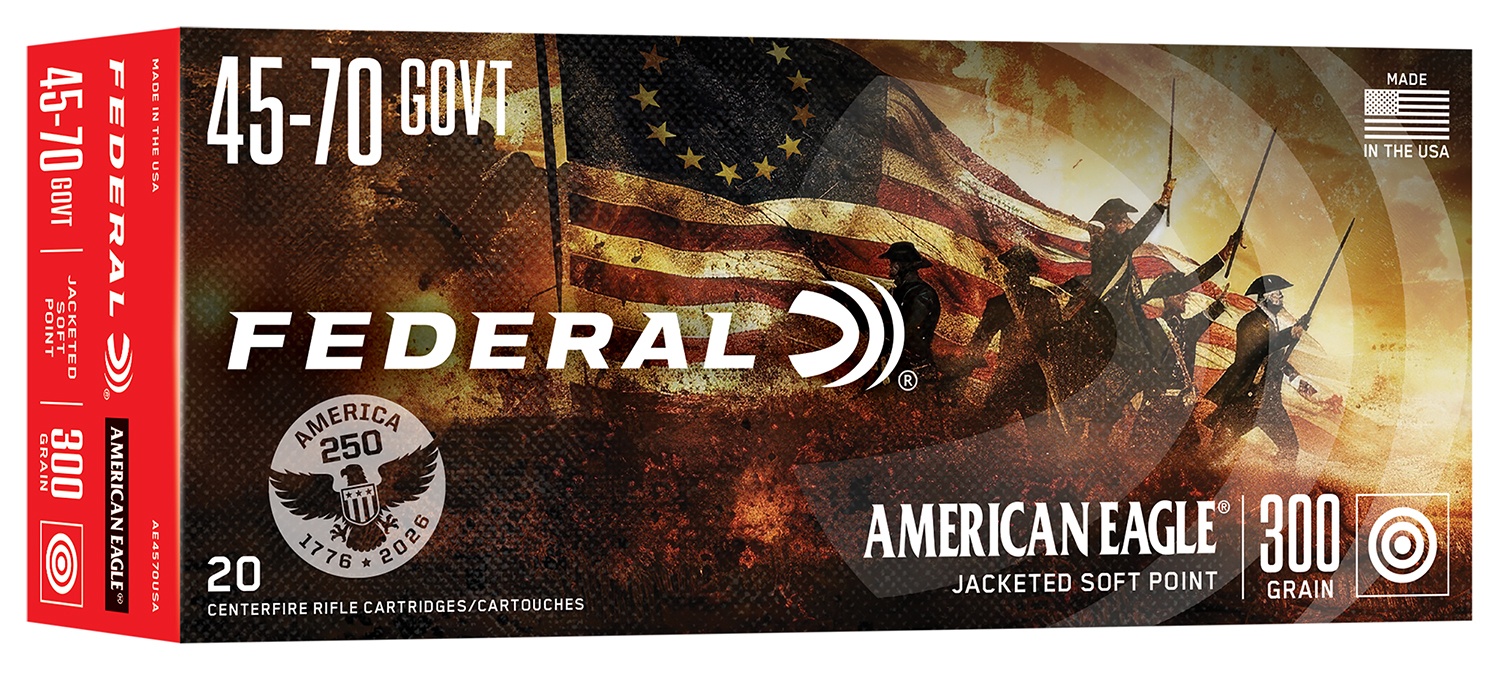 FEDERAL AMERICAN EAGLE 250TH 45-70 GOVT 300GR JSP BRASS CASED 20RD BOX — product photograph