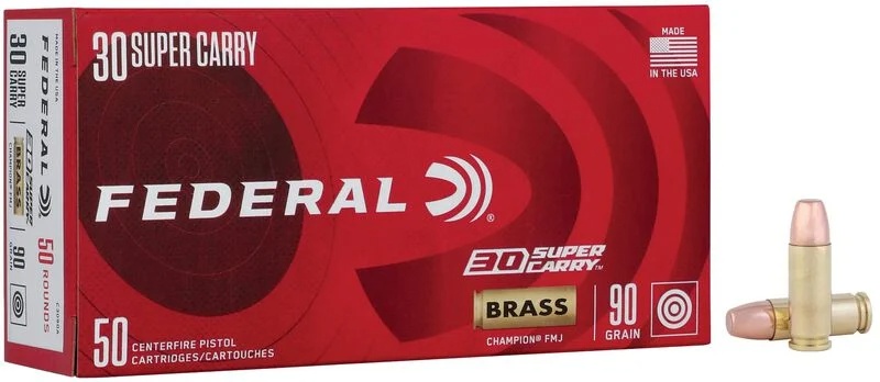 FEDERAL CHAMPION 30 SUPERCARRY AMMO 90GR PLATED FMJ BRASS CASED 50RD BOX — product photograph
