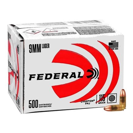 FEDERAL CHAMPION 9MM LUGER AMMO 115GR PLATED FMJ BRASS CASED 500RD LOOSE PACK — product photograph