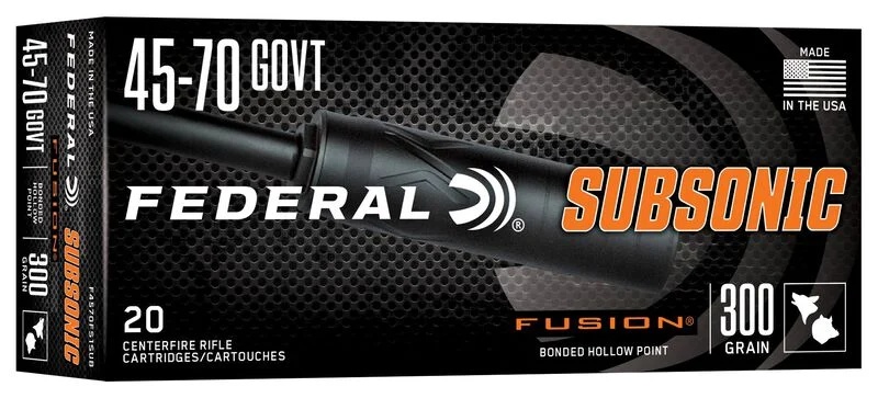 FEDERAL FUSION SUBSONIC 45-70 GOVT AMMO 300GR BONDED HOLLOW POINT BRASS CASED 20RD BOX — product photograph