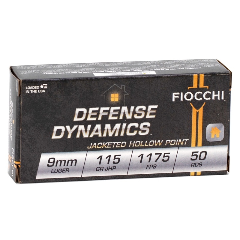 FIOCCHI DEFENSE 9MM LUGER AMMO 115GR JACKETED HOLLOW POINT BRASS CASED 50RD BOX — product photograph