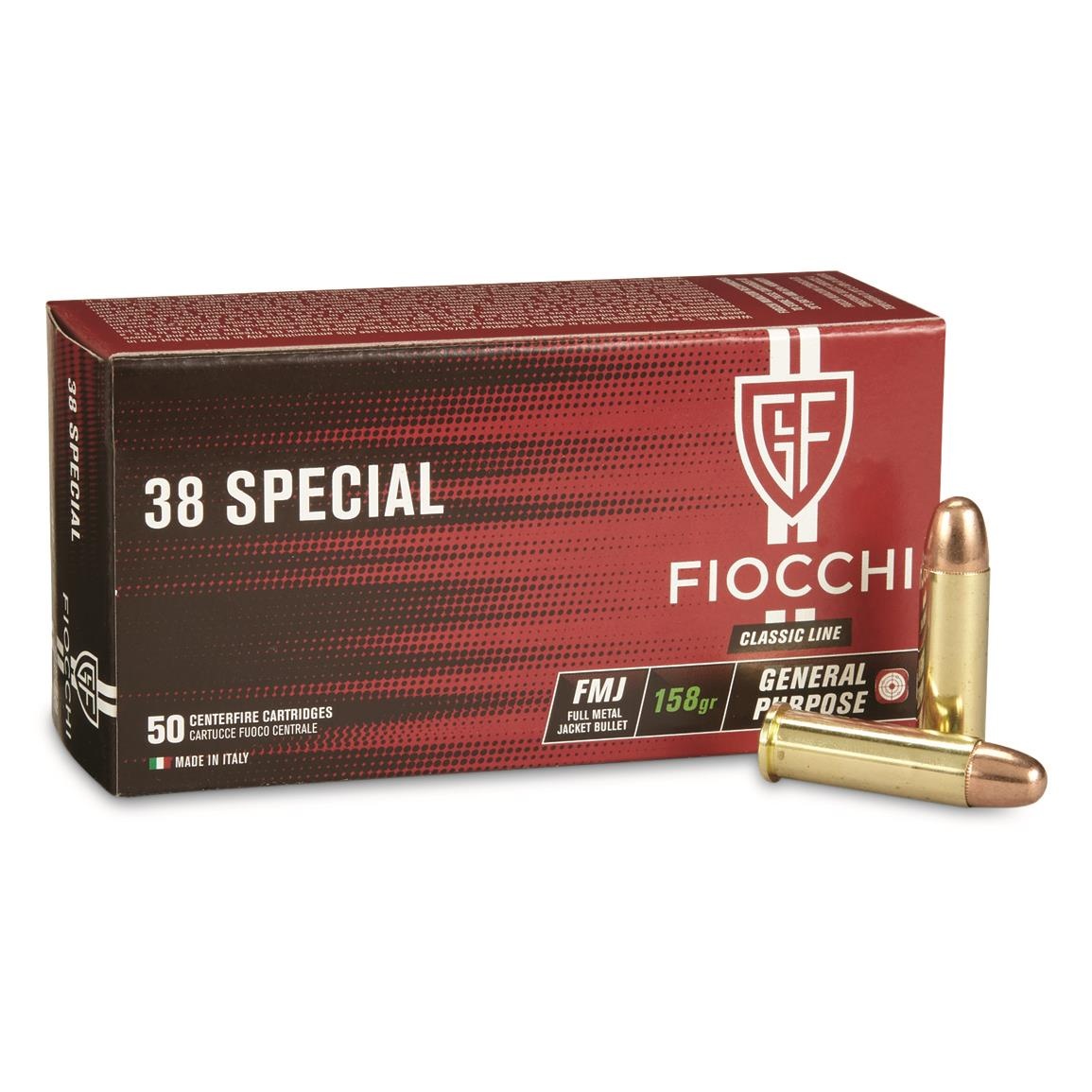 FIOCCHI AMO 38 SPECIAL 158GR FMJ BRASS CASED 50-RD BOX — product photograph