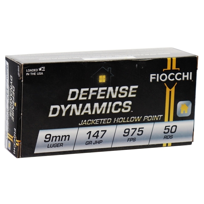 FIOCCHI DEFENSE 9MM LUGER AMMO 147GR JACKETED HOLLOW POINT BRASS CASED 50RD BOX — product photograph