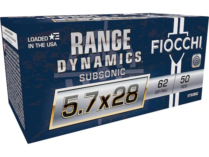 FIOCCHI RANGE DYNAMICS SUBSONIC 5.7X28MM AMMO 62GR FMJ 50RD BOX — product photograph