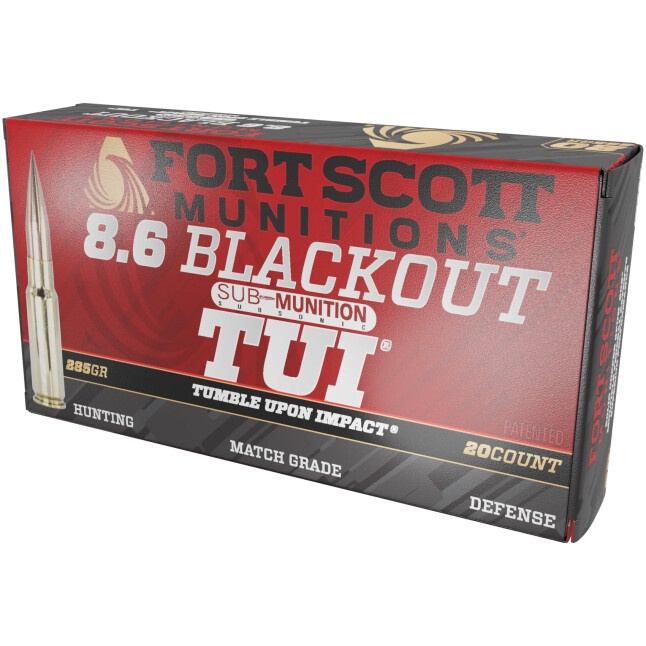 FORT SCOTT MUNITIONS 8.6 BLACKOUT SUBSONIC AMMO 285GR SOLID COPPER TUI 20RD BOX — product photograph