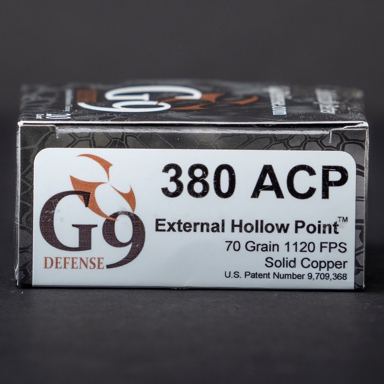 G9 DEFENSE 380 ACP AMMO 70GR 1120FPS SOLID COPPER EXTERNAL HOLLOW POINT 20RD BOX — product photograph
