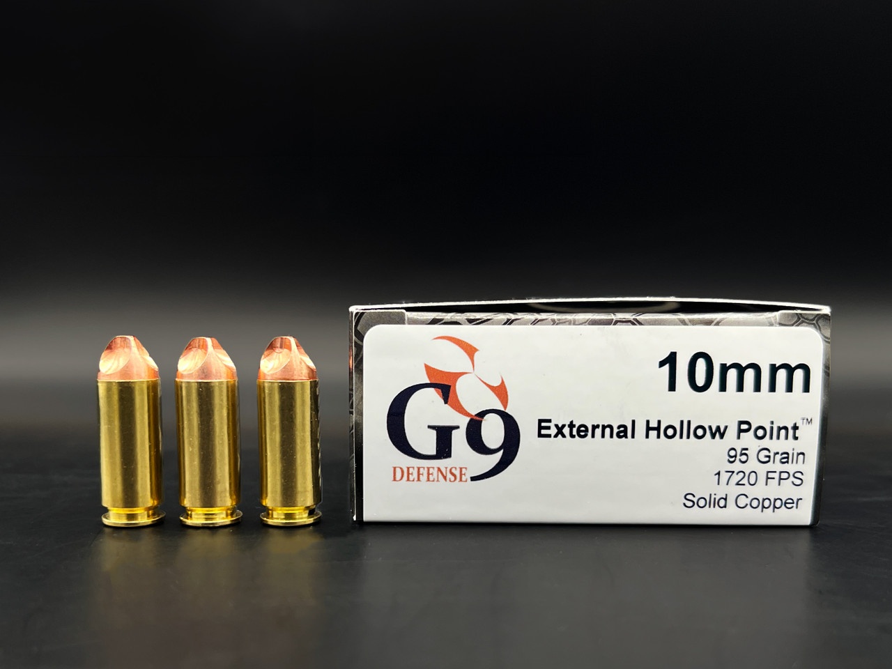 G9 DEFENSE 10MM AUTO AMMO 95GR EXTERNAL HOLLOW POINT BRASS CASED 20RD BOX — product photograph