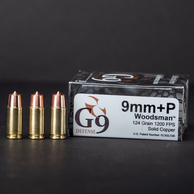 G9 DEFENSE 9MM LUGER +P AMMO 124GR WOODSMAN SOLID COPPER 20RD BOX — product photograph