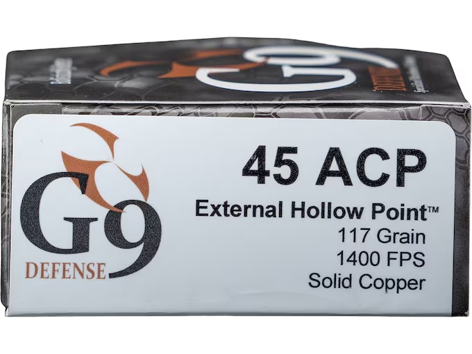 G9 Defense 45 ACP +P 117 Grain Hollow Point Brass Cased Pistol Ammo 20 Rounds E-45ACPP-117A — product photograph