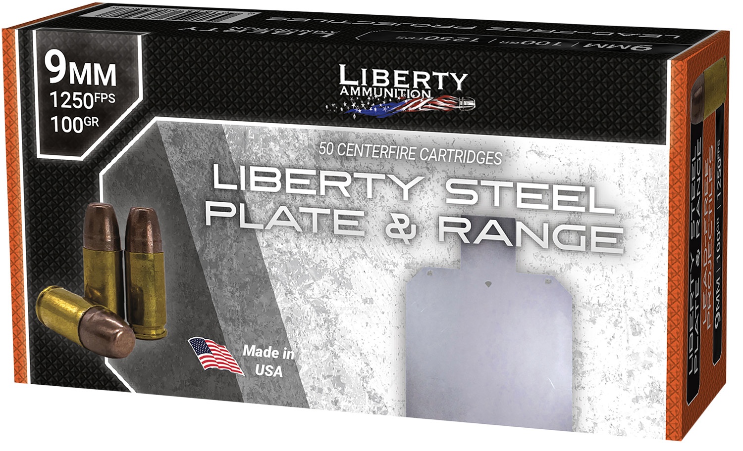LIBERTY 9MM LUGER AMMO 100GR FRANGIBLE BRASS CASED 50RD BOX — product photograph