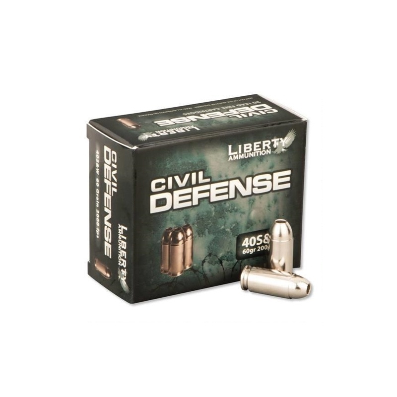 Liberty Ammunition Civil Defense 40 S&W AMMO 60 gr Hollow Point (HP) LACD40012 20RD BOX — product photograph