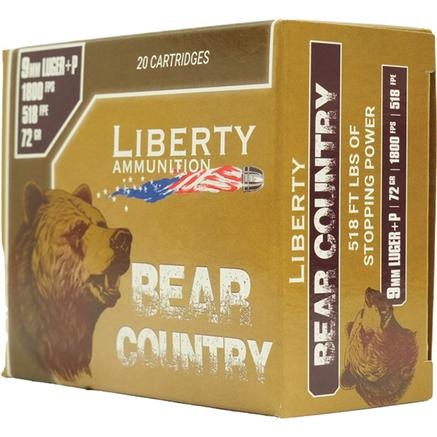 LIBERTY BEAR COUNTRY 9MM LUGER +P AMMO 72GR LEAD FREE HP BRASS CASED 20RD BOX — product photograph