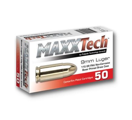 MAXXTECH 9MM LUGER AMMO 115GR FMJ BRASS CASED 50RD BOX — product photograph
