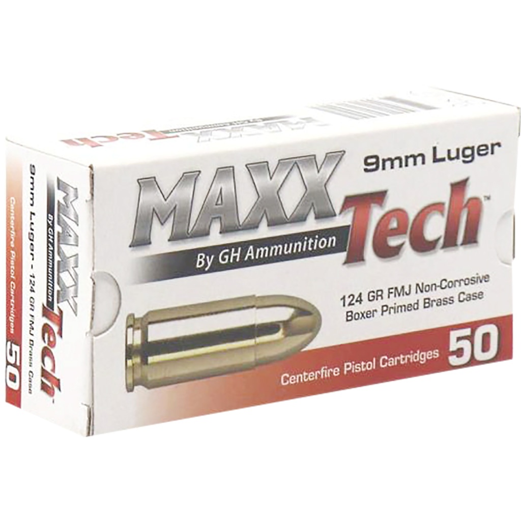 MAXXTECH B 9MM LUGER AMMO 124GR FMJ BRASS CASED 50RD BOX — product photograph