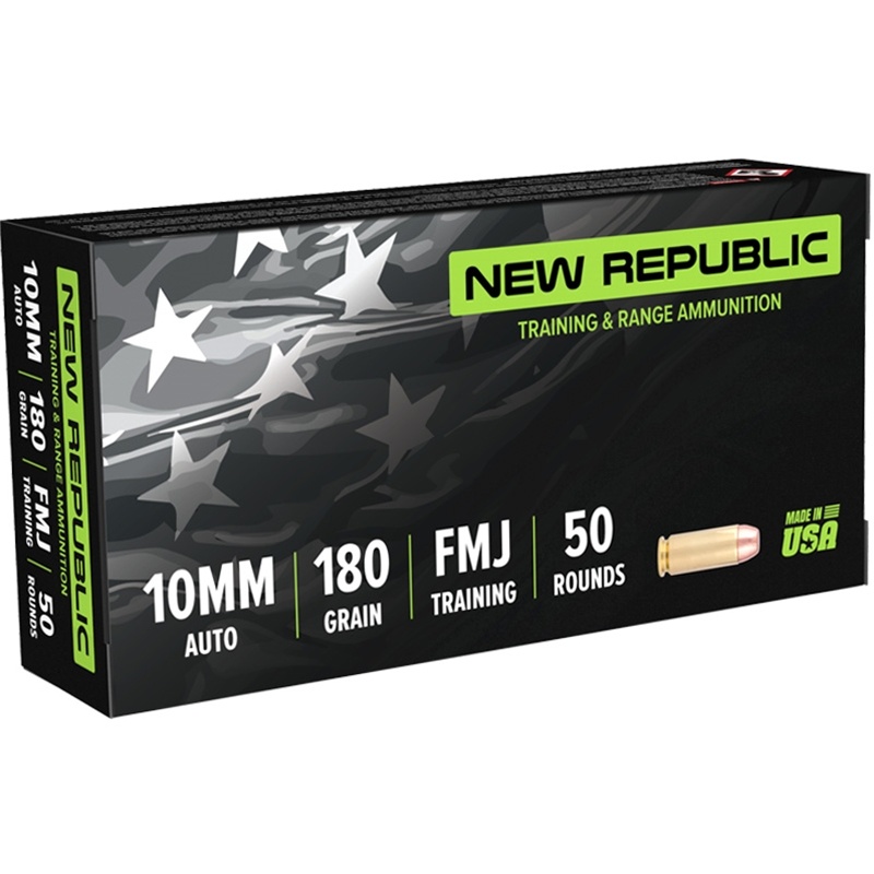 NEW REPUBLIC 10MM AUTO AMMO 180GR FMJ BRASS CASED 50RD BOX — product photograph