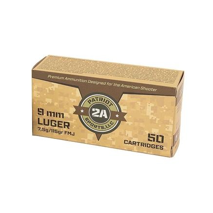 PATRIOT SPORTS 9MM LUGER AMMO 115GR FMJ BRASS CASED 50RD BOX — product photograph