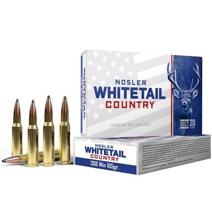 NOSLER WHITETAIL COUNTRY 308 WIN AMMO 165GR SP BRASS CASED 20RD BOX 076683536563 — product photograph