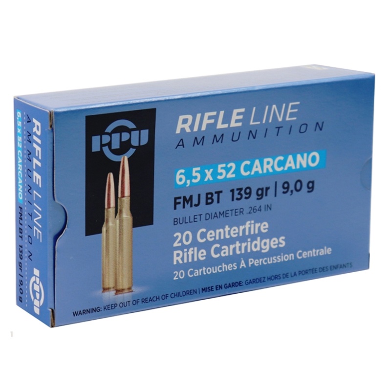 PPU 6.5X52MM AMMO CARCANO 139GR FMJ 20RD BOX — product photograph