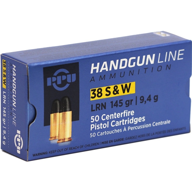 PPU 38S&W AMMO 145GR LRN BRASS CASED 50RD BOX — product photograph