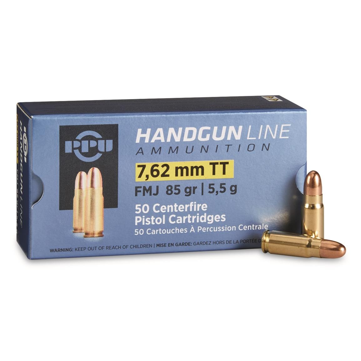 PPU 7.62X25MM AMMO TOKAREV 85GR FMJ BRASS CASED 50RD BOX — product photograph