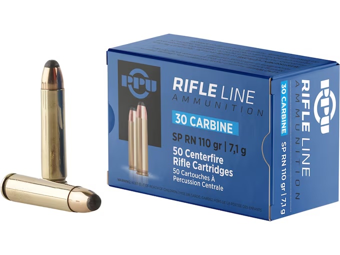 PPU 30 CARBINE AMMO 110GR SOFT POINT BRASS CASED 50RD BOX — product photograph