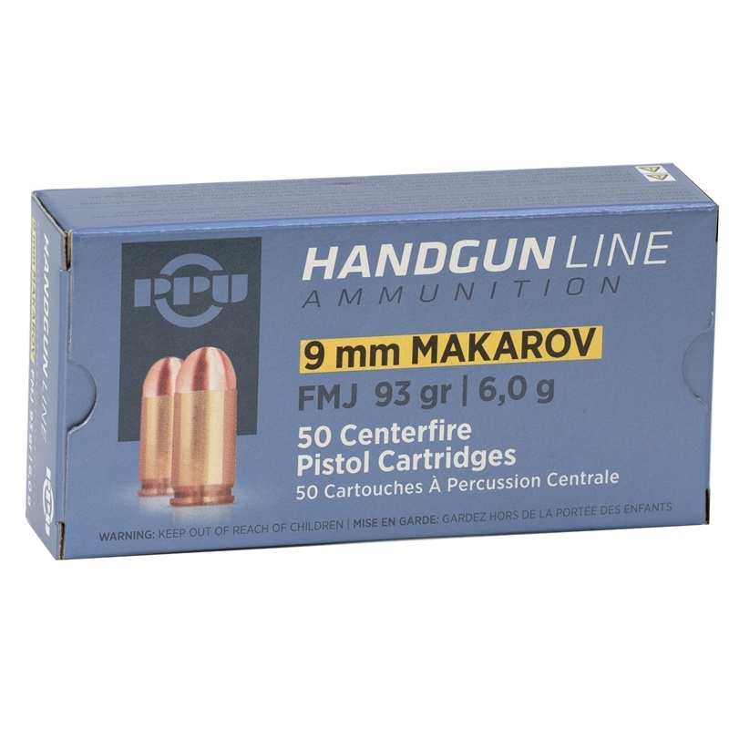 PPU 9MM MAKAROV AMMO 93GR FMJ BRASS CASED 50RD BOX — product photograph