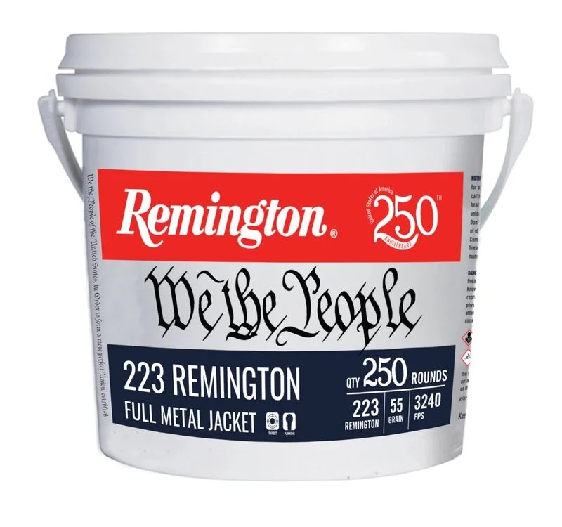 REMINGTON WE THE PEOPLE 223 REM AMMO 55GR FMJ BRASS CASED 250RD BUCKET — product photograph