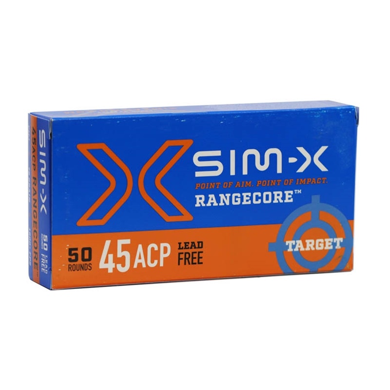 SIM-X 45 ACP AMMO RANGE CORE 78GR FMJ LEAD FREE 1800FPS 50RD BOX — product photograph