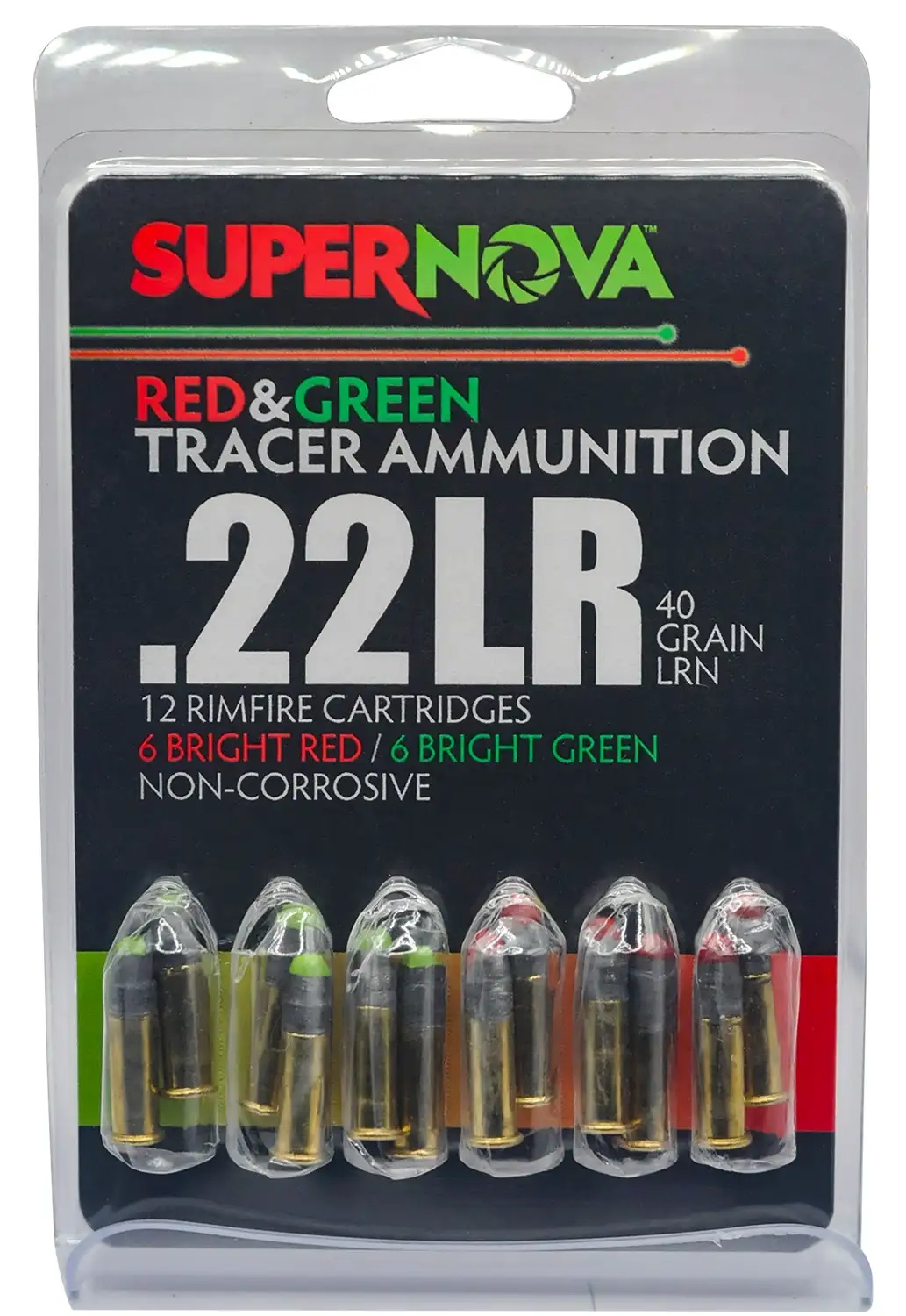 SUPERNOVA 12RD PACK 22LR AMMO TRACER 6 GREEN AND 6 RED — product photograph