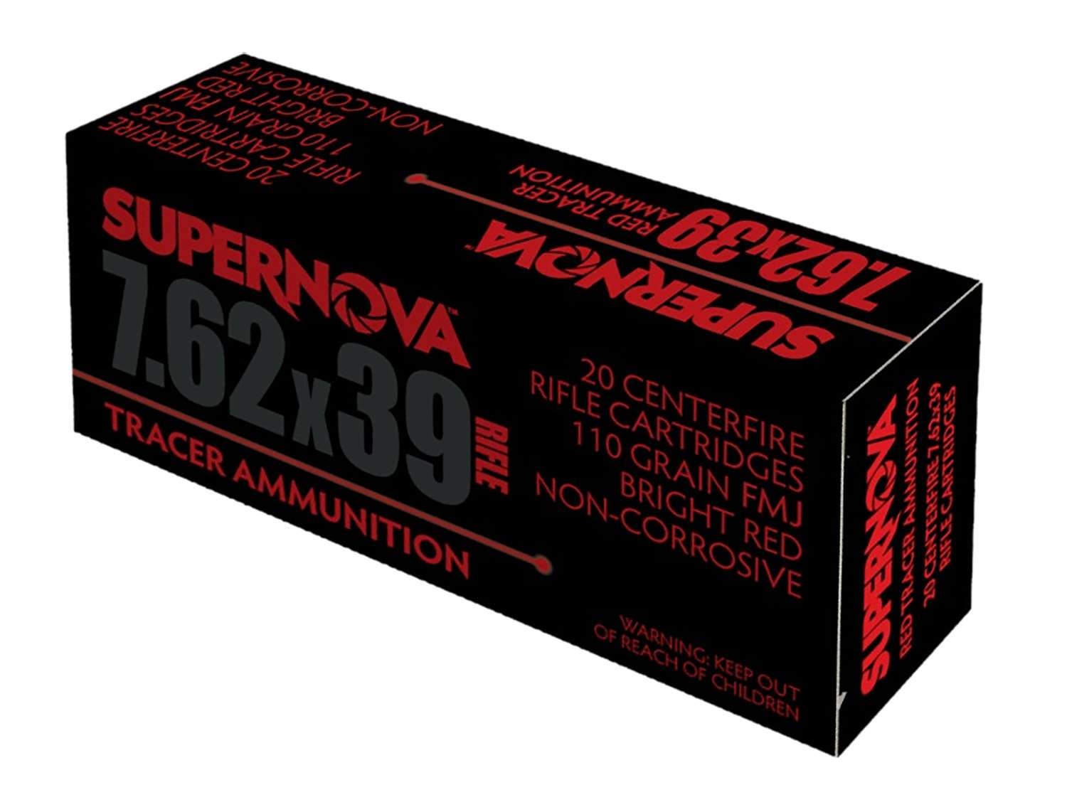 SUPERNOVA 7.62X39 AMMO 110GR FMJ RED TRACER BRASS CASED 20RD BOX — product photograph