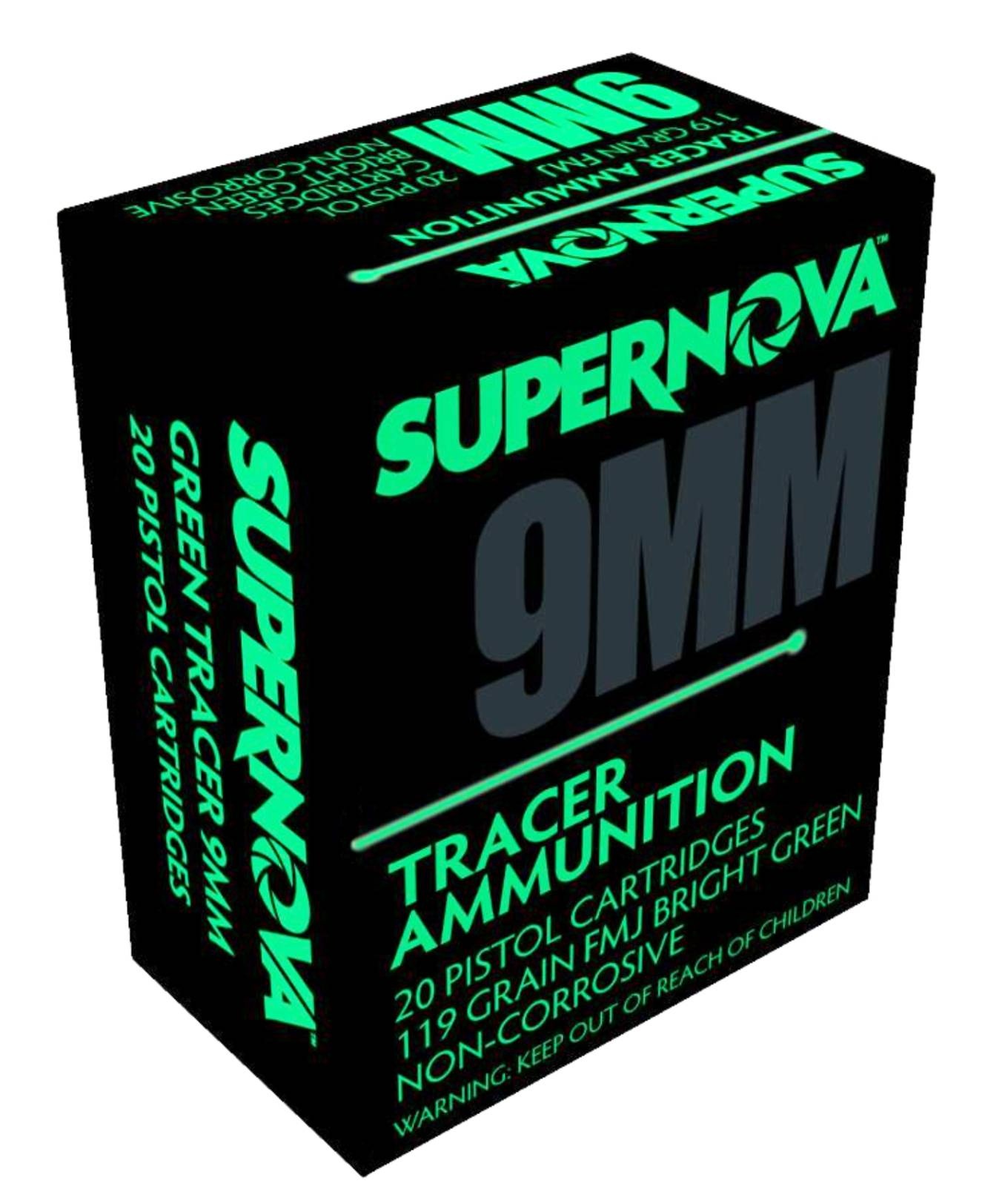 SUPERNOVA 9MM LUGER AMMO 119GR FMJ GREEN TRACER 20RD BOX — product photograph