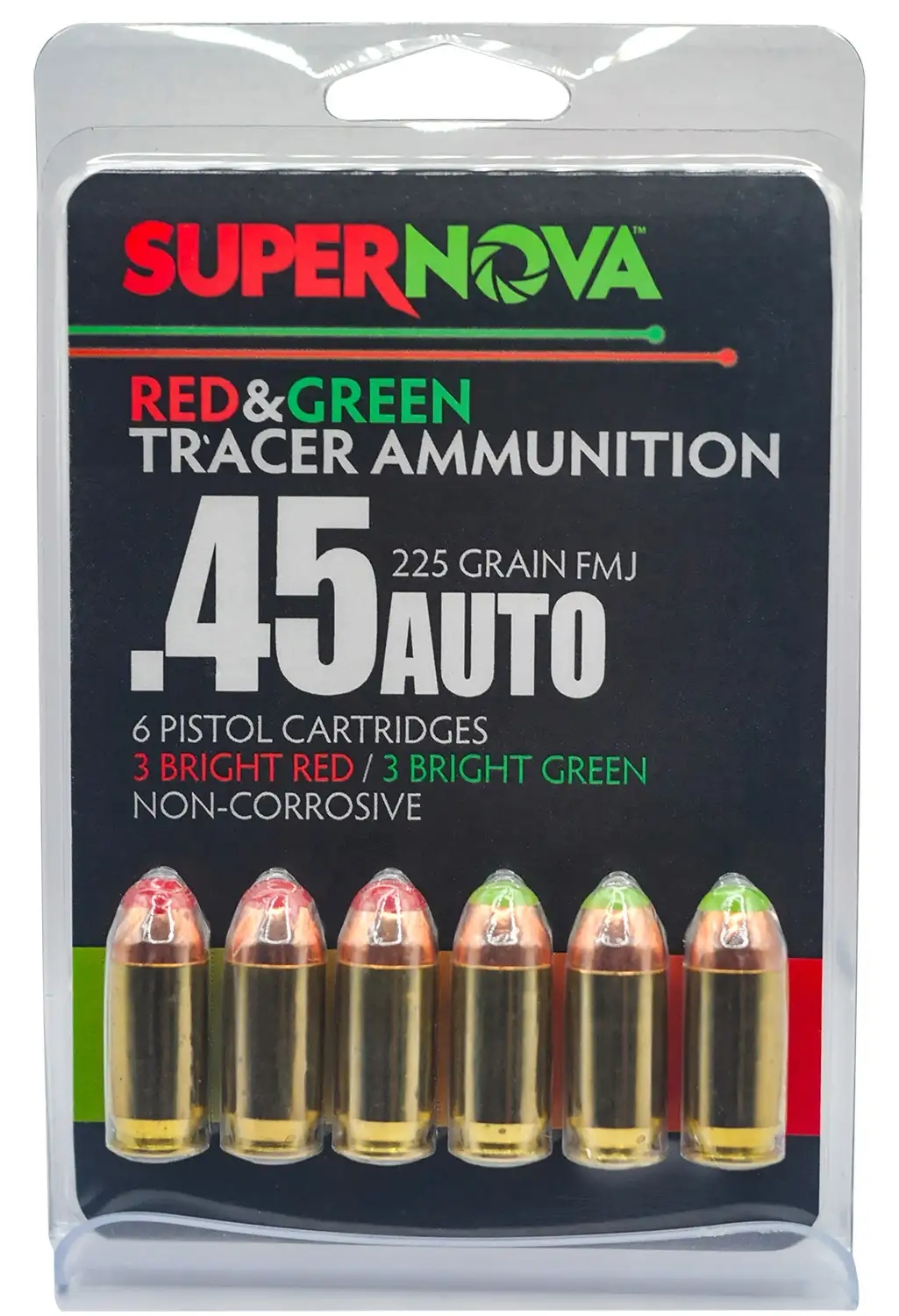 SUPERNOVA 45 AUTO AMMO 225GR 6RD PACK 3 GREEN 3 RED — product photograph