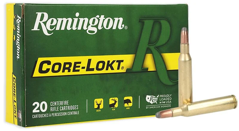 Remington Core-Lokt .257 Roberts 117 grain soft point, 20-cartridge box with two cartridges beside it