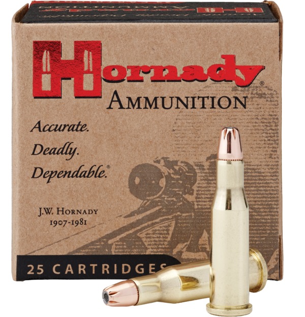 Hornady Custom .218 Bee 45 grain hollow point, one of the four 25-cartridge boxes that make up this 100-round pack