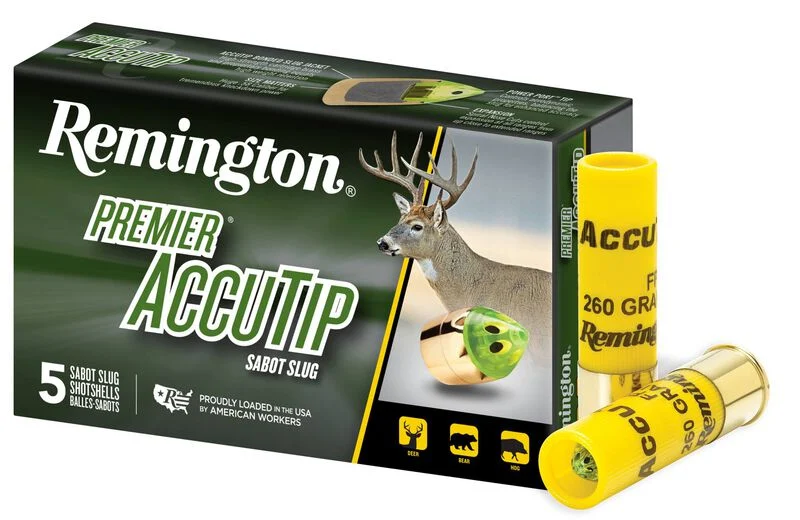 Remington Premier AccuTip bonded sabot slug, 20 gauge, 260 grain, five-shotshell box with two yellow shells beside it