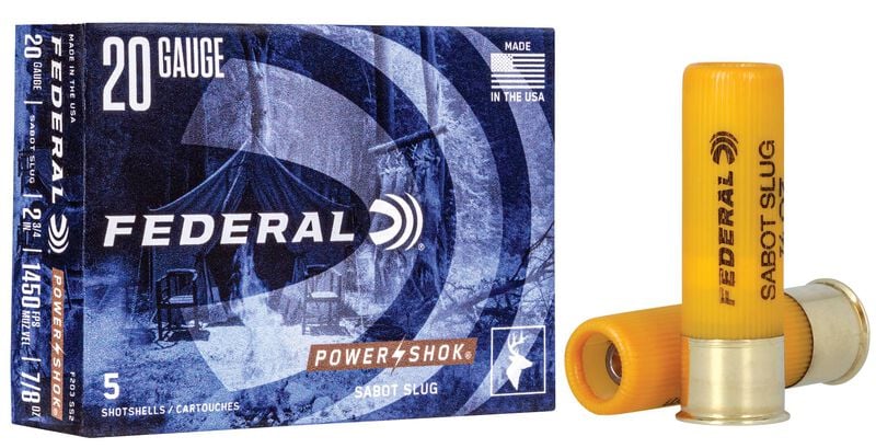 Federal Power-Shok 20 gauge 2 3/4 inch sabot slug, 7/8 ounce, five-shotshell box with two yellow shells beside it