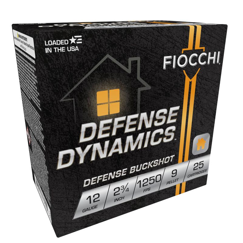 Fiocchi Defense Dynamics 12 gauge 2 3/4 inch defense buckshot, 9 pellets, one of the four 25-cartridge boxes that make up this 100-round pack