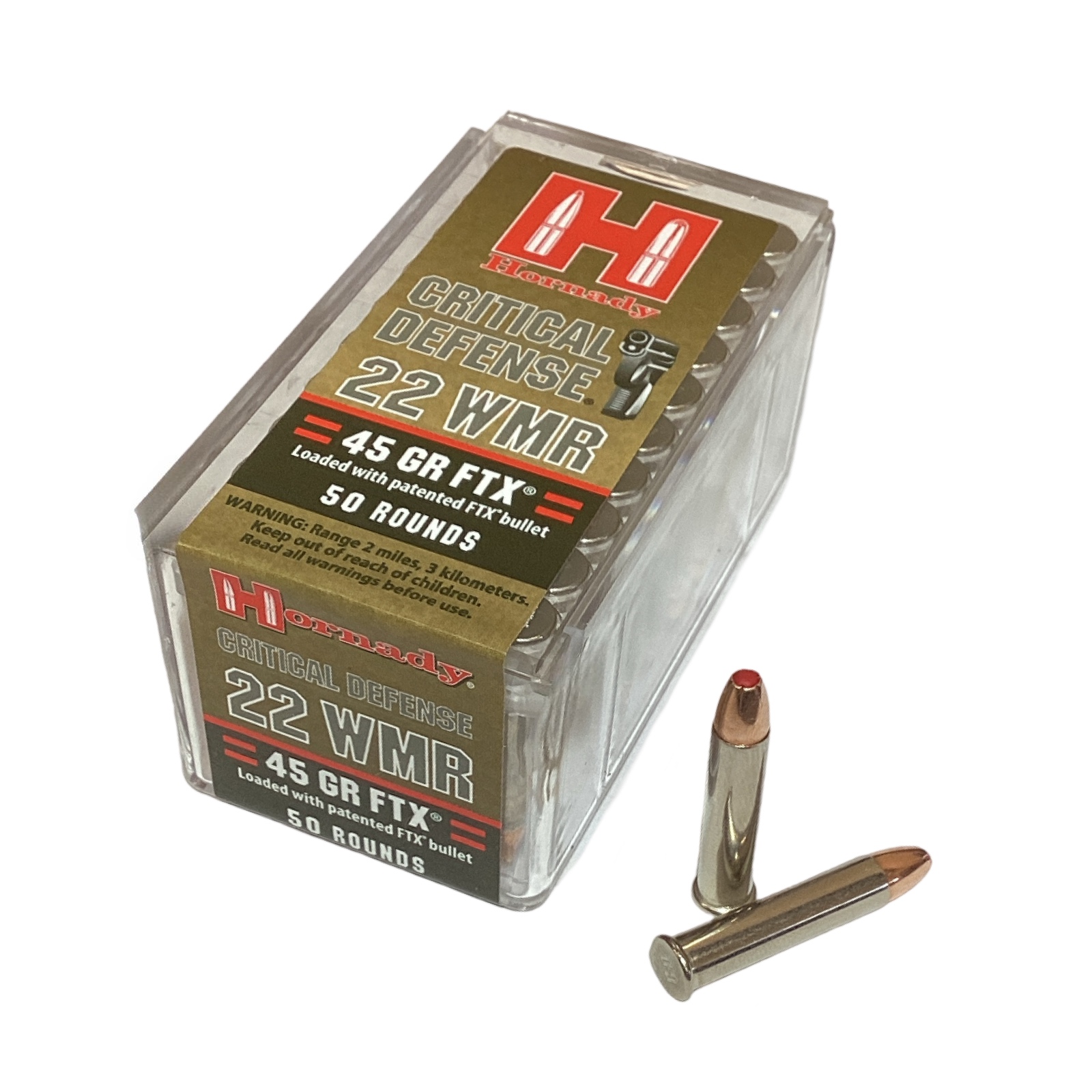 .22 WMR – Hornady Critical Defense 45 Grain FTX (83200) – 50 Round Box, product photograph