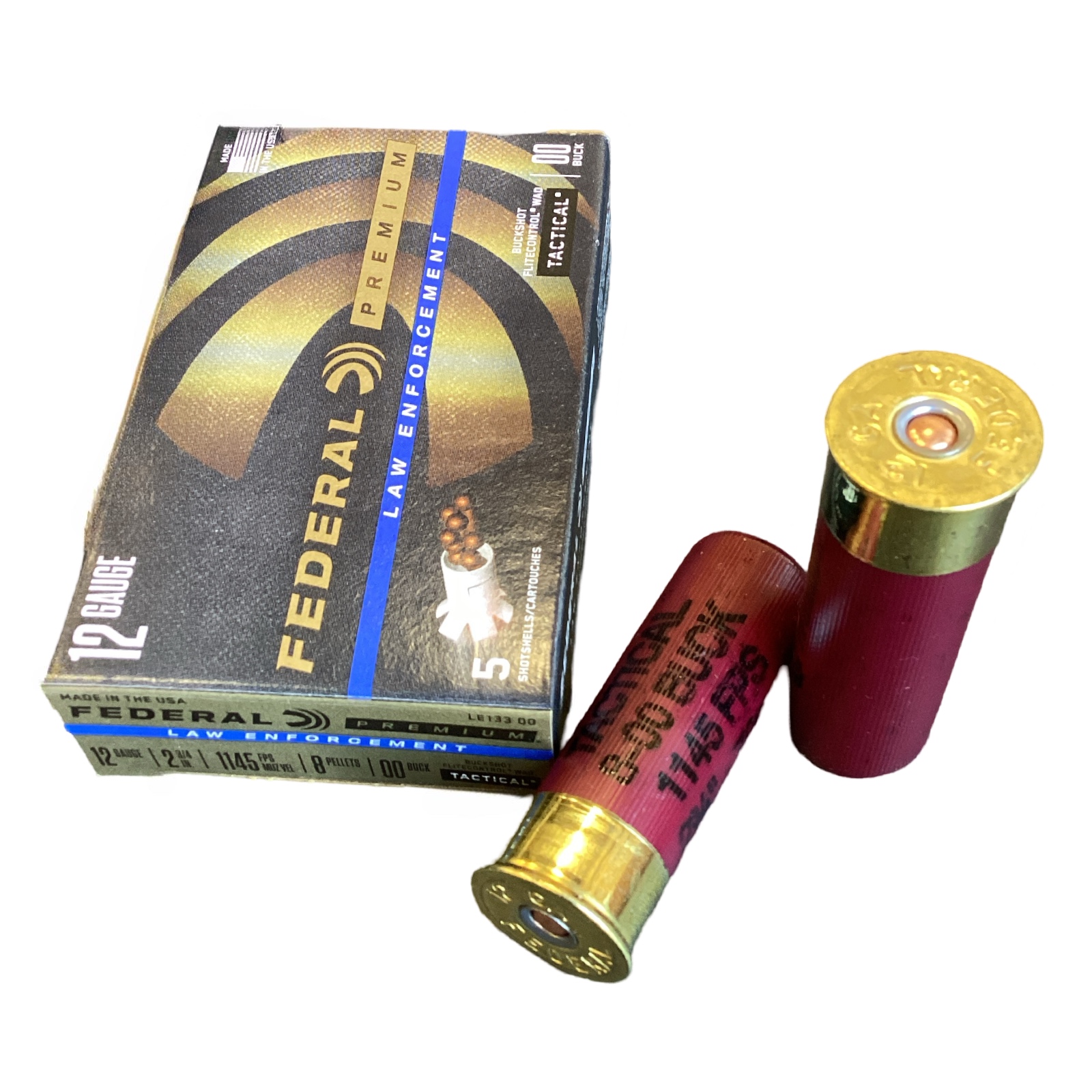 12 Gauge - Federal LE Tactical 2 3/4 00 Buckshot 8 Pellet - LE133 with FliteControl Wad 5 Round Box, product photograph