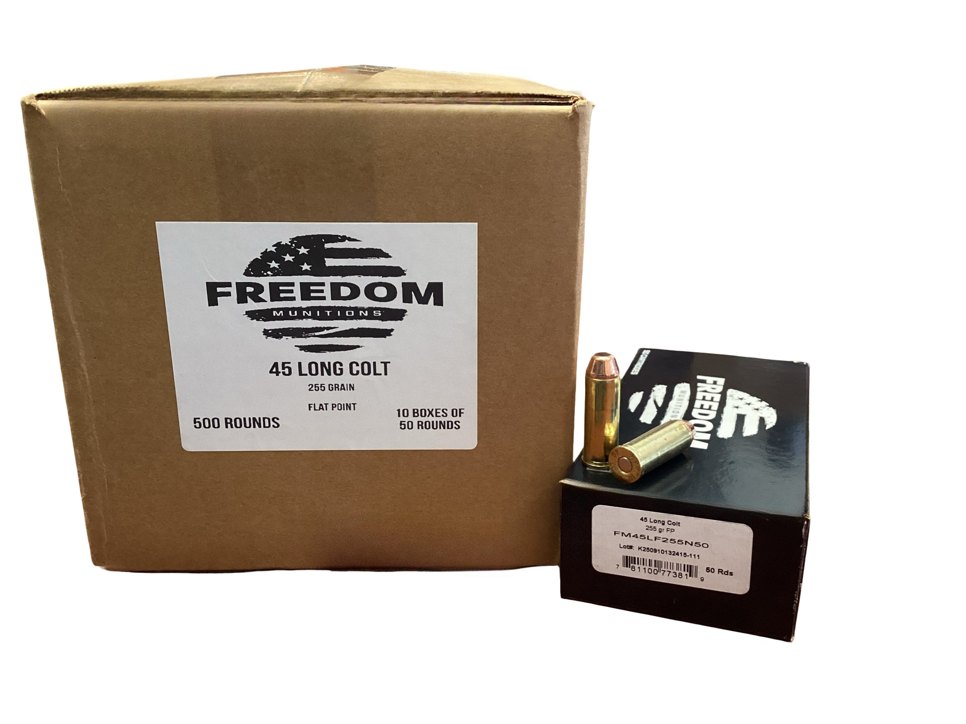 .45 Long Colt - Freedom Munitions 255 Grain Flat Point (FM45LF255N50) - 500 Round Case - product photograph