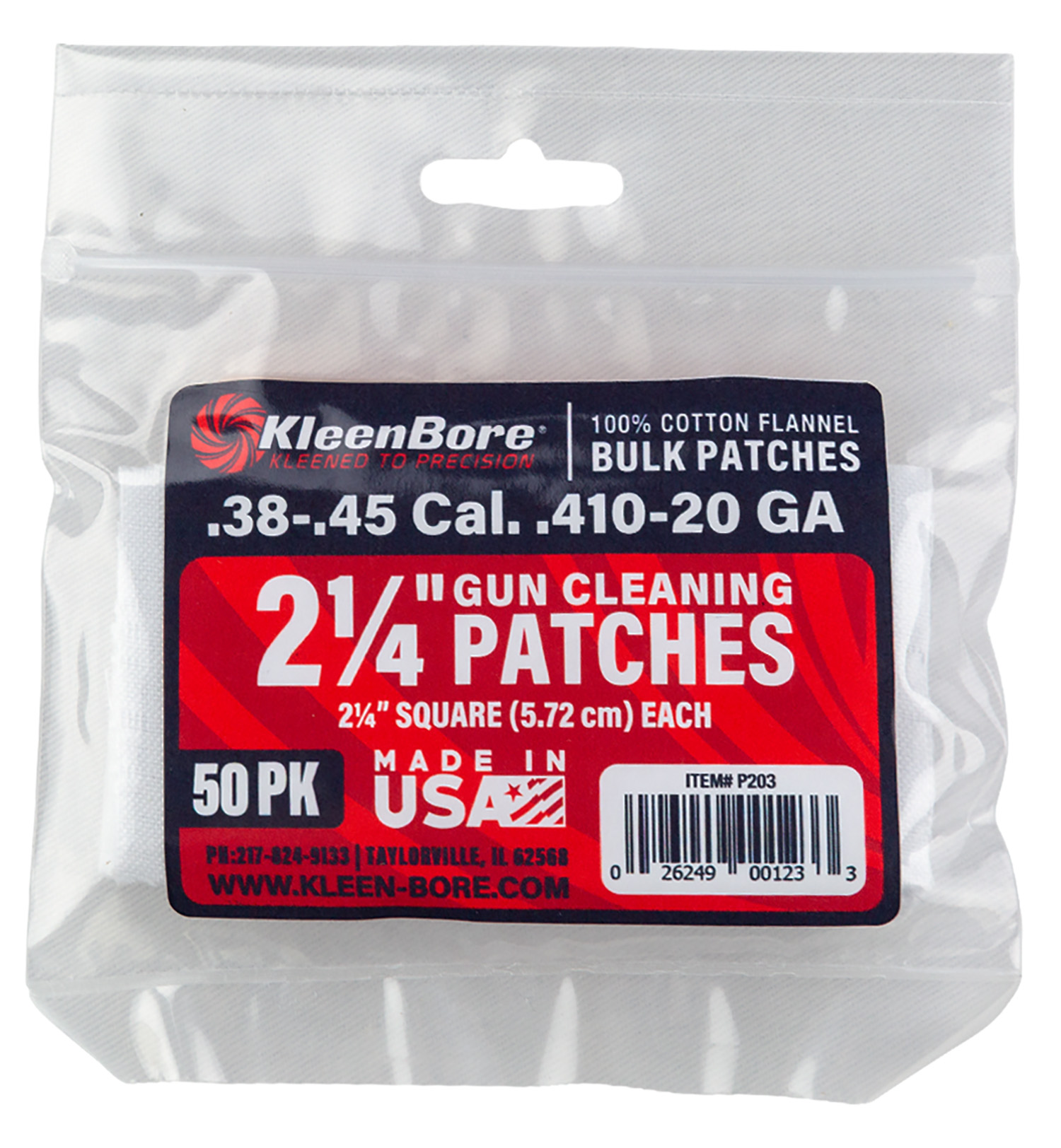 KleenBore P203 Super Shooter .38/ .45 Cal 20/.410 Gauge 2.25" 100% Cotton Flannel 50 Per Pack